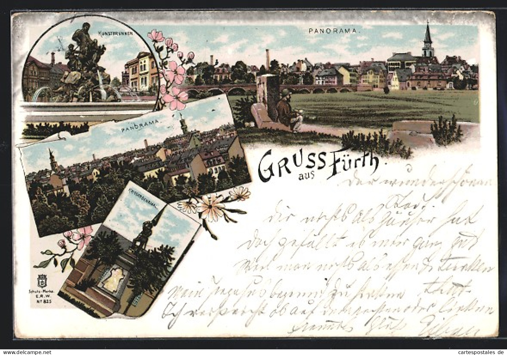 Lithographie Fürth, Panorama, Kunstbrunnen, Kriegerdenkmal  - Fuerth