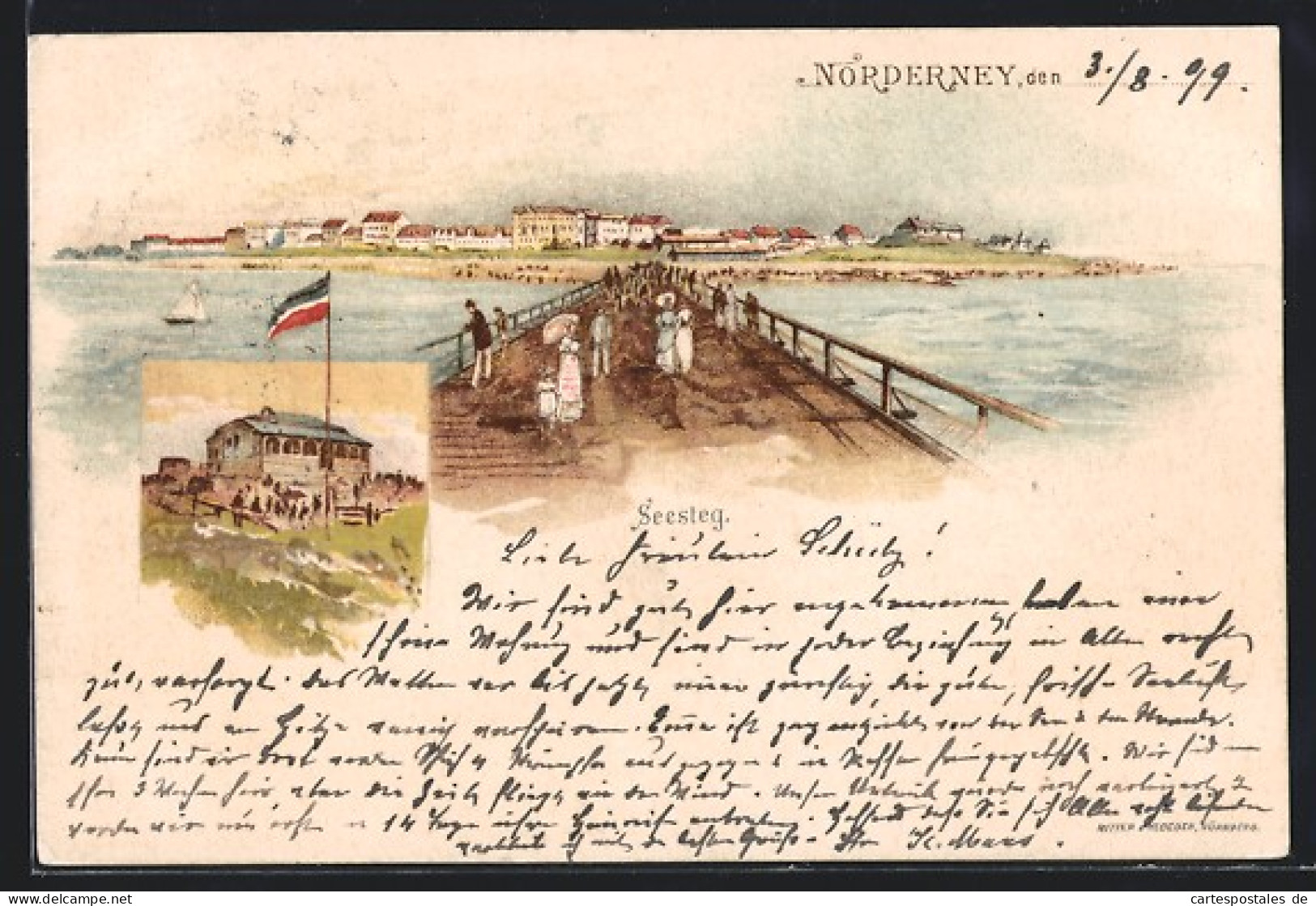 Lithographie Norderney, Seesteg Mit Blick Zum Ort  - Norderney