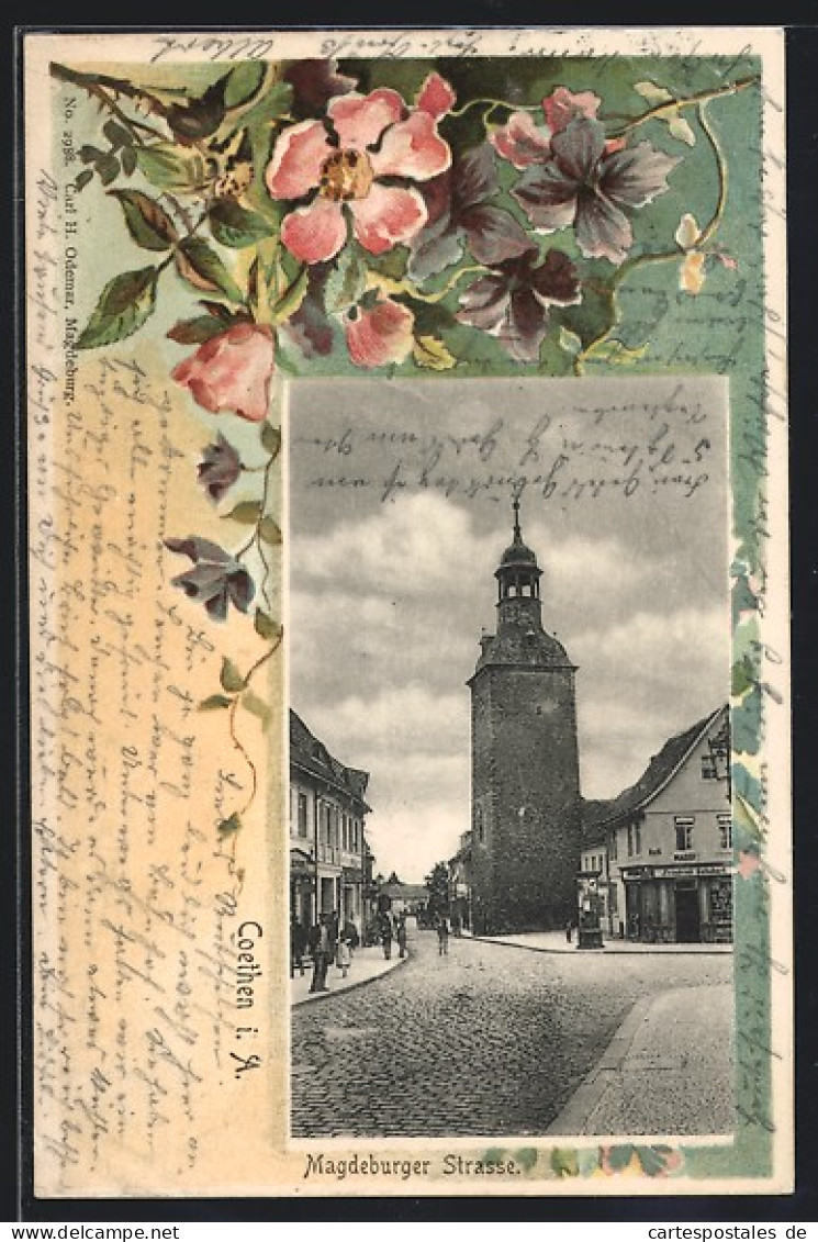 Passepartout-Lithographie Coethen I. A., Magdeburger Strasse Mit Turm  - Magdeburg