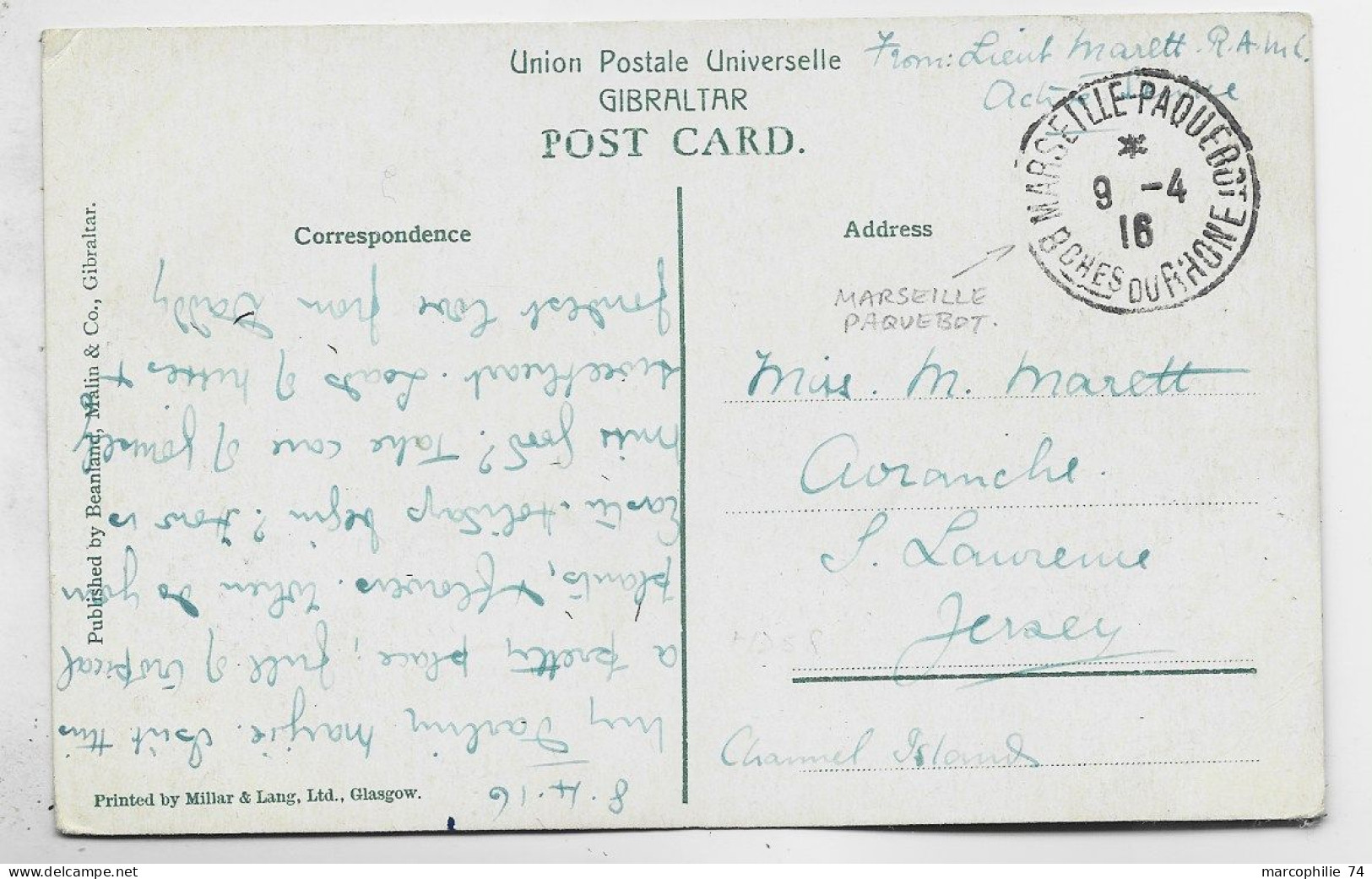 GIBRALTAR CARD + TO4 MARSEILLE PAQUEBOT 9.4.1915 BCHES DU RHONE - Gibraltar