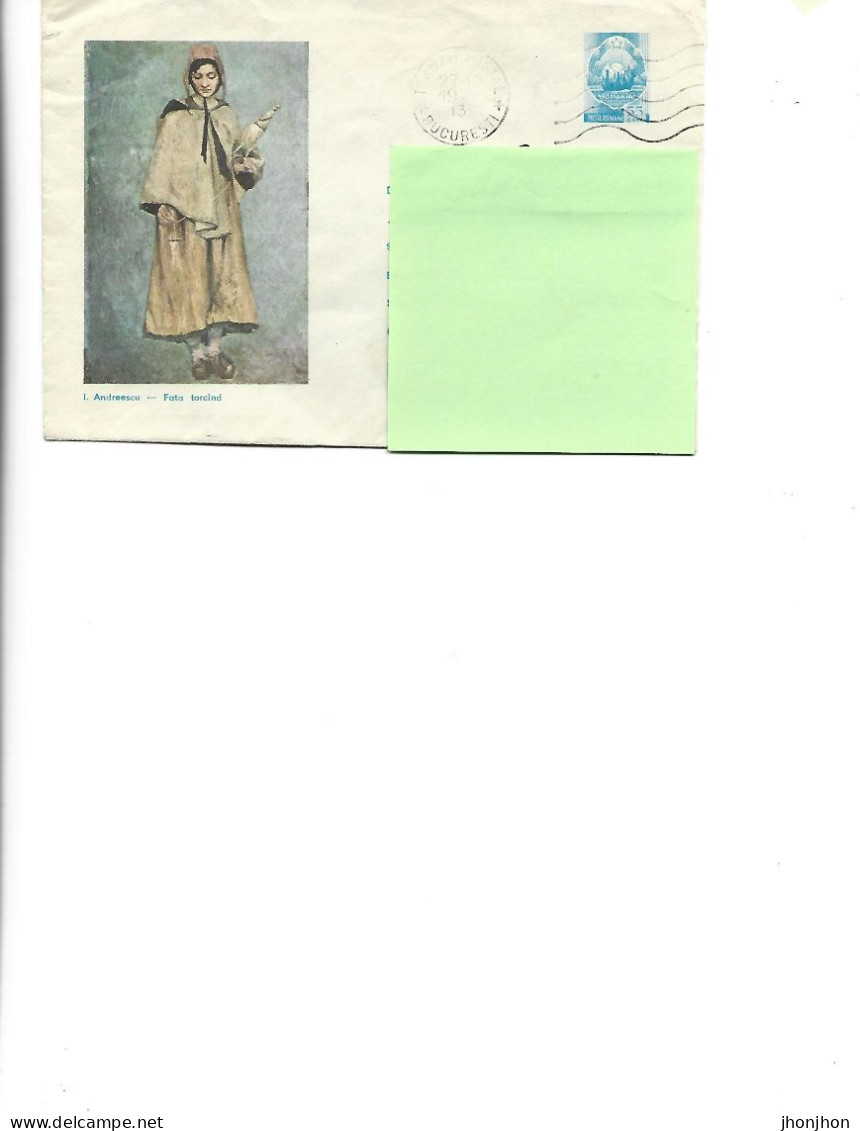 Romania-Postal St.cover Used 1975(9) -    Painting By Ion Adreescu -   Girl Purring - Entiers Postaux