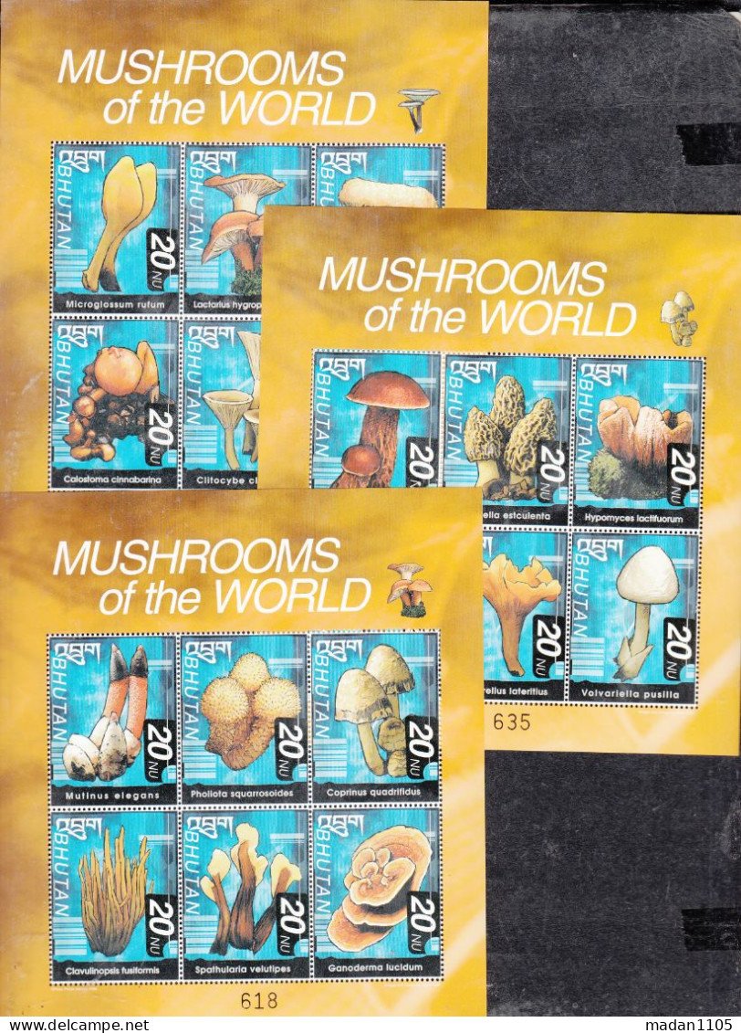 BHUTAN, 1999, Fungi, Mushrooms Of The World, Sheetlets,  3 V,  MNH, (**) - Bhutan