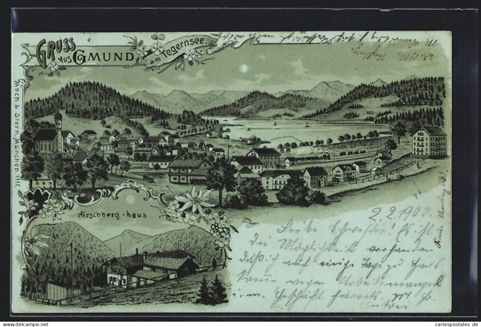 Lithographie Gmund, Hirschberg-Haus, Teilansicht Mit Tegernsee  - Tegernsee