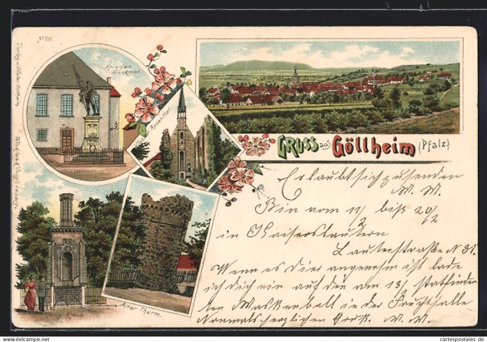 Lithographie Göllheim, Gesamtansicht, Kriegerdenkmal, Alter Thurm, König Kreuz  - Sonstige & Ohne Zuordnung