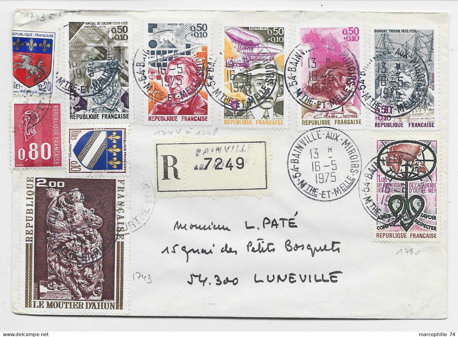 FRANCE SURTAXE DIVERS + BEQUET TABLEAU BLASON 10C +20C LETTRE REC 54 BAINVILLE AUX MIROIRS 16.5.1975 - 1961-....