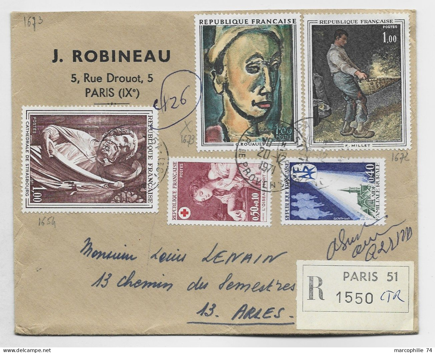 FRANCE TABLEAU 1FR RENOIR +1FRX2+ SURTAXE LETTRE REC PARIS 51 20.12.1971 AU TARIF - 1961-....