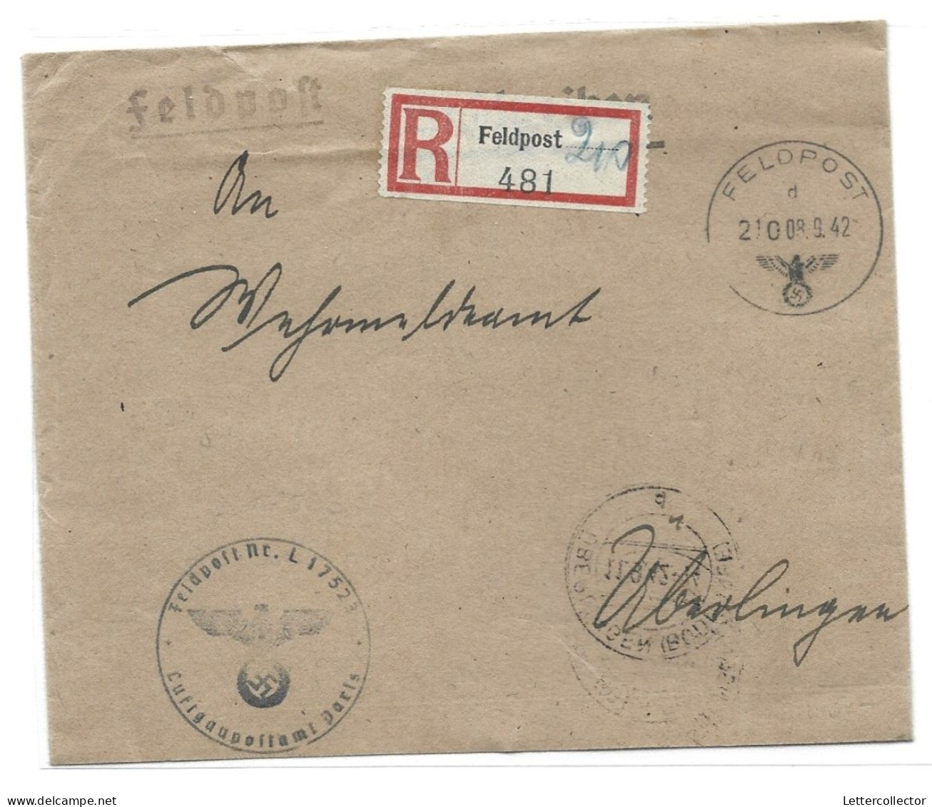 Feldpost Einschreiben Lannion Bretagne Frankreich Fliegerhorst 1942 - Feldpost World War II