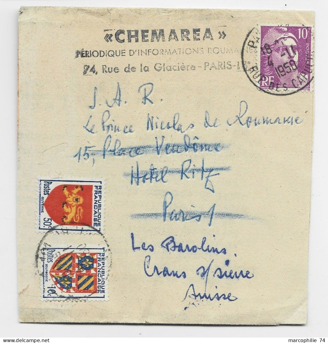 BLASON 50C+10C  BANDE COMPLETE PARIS 1950 POUR PARIS REEXP EN SUISSE GANDON 10FR VIOLET PARIS 1950 AU TARIF - 1945-54 Marianne Of Gandon