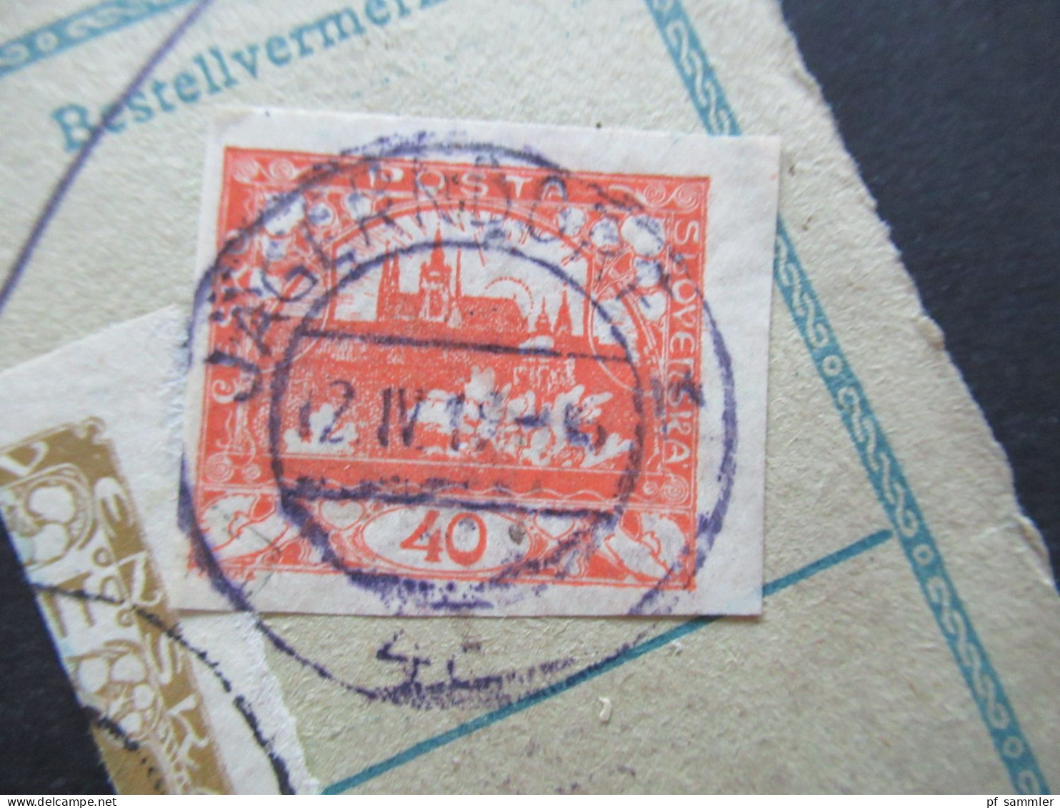 CSR Sudetenland 1919 Briefstück Mit Hradschin Ungezähnt / Mucha MiF Und Violetter Stempel Jägersdorf / 1x Dreierstreifen - Gebraucht