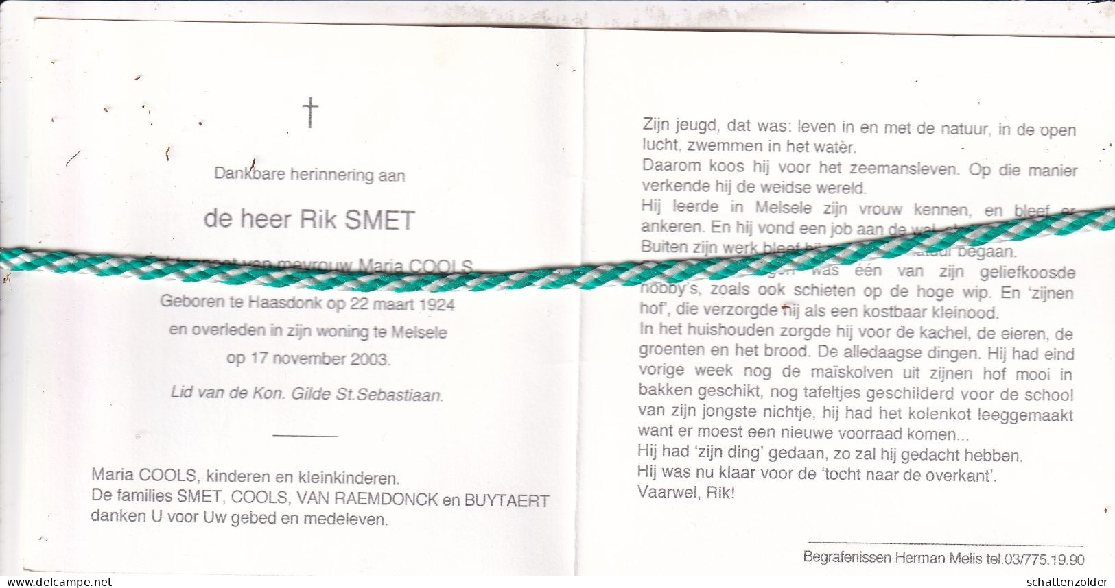 Rik Smet-Cools, Haasdonk 1924, Melsele 2003. Foto - Todesanzeige