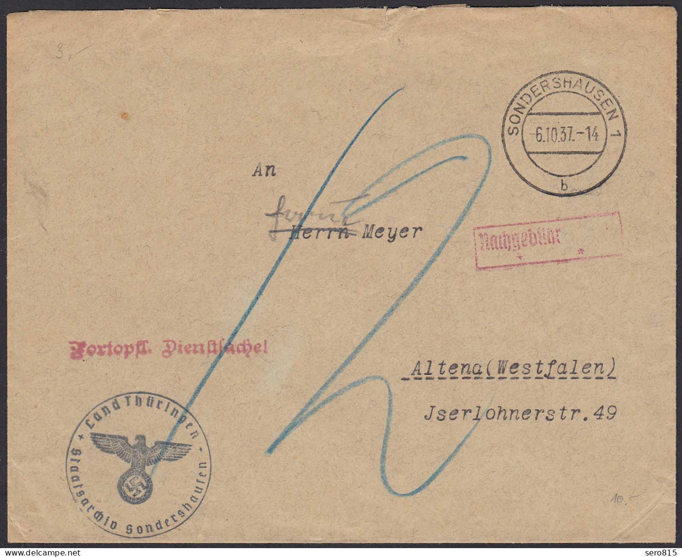 1937 3.Reich Staatsarchiv Thüringen Sondershausen Brief Nachgebühr  (20586 - Autres & Non Classés