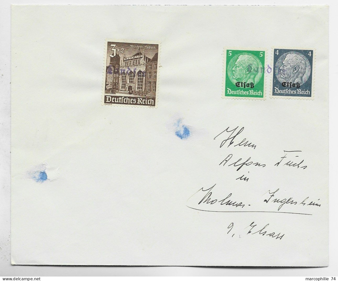 REICH SURTAXE 3C+ MIXTE ELSAS 5C+4C LETTRE COVER GRIFFE VIOLETTE LANDFET TO  KOLMAR ALSACE - Lettres & Documents