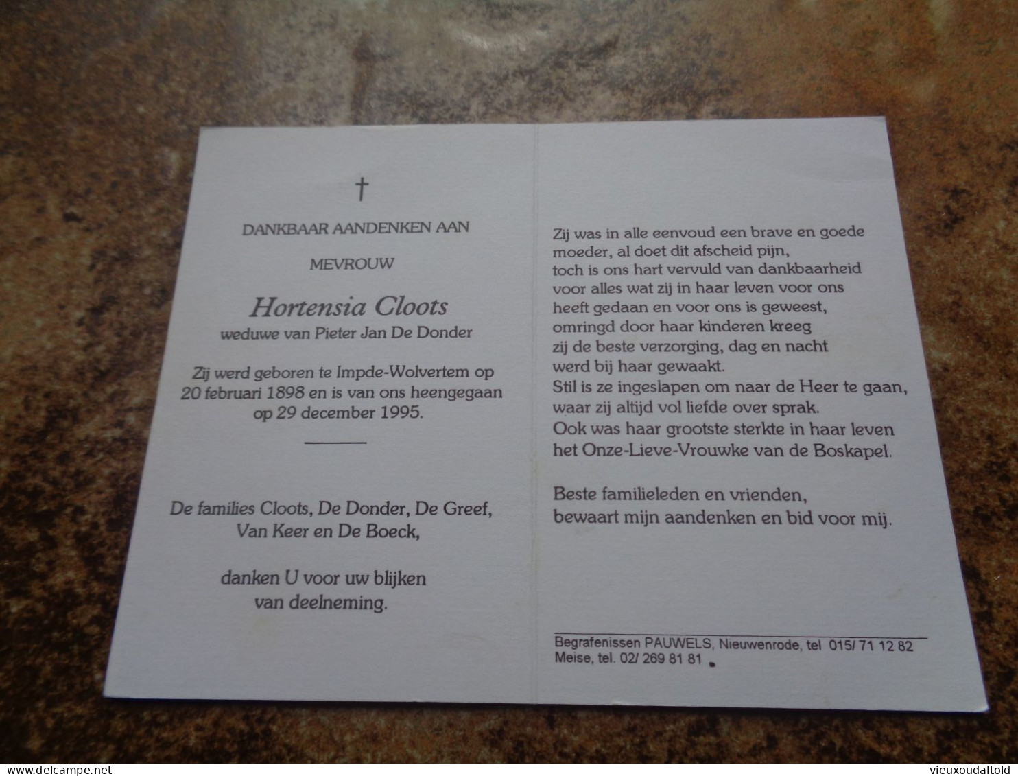 Doodsprentje/Bidprentje  Hortensia Cloots   Impde-Wolvertem 1898-1995  (Wwe Pieter Jan De Donder) - Religione & Esoterismo