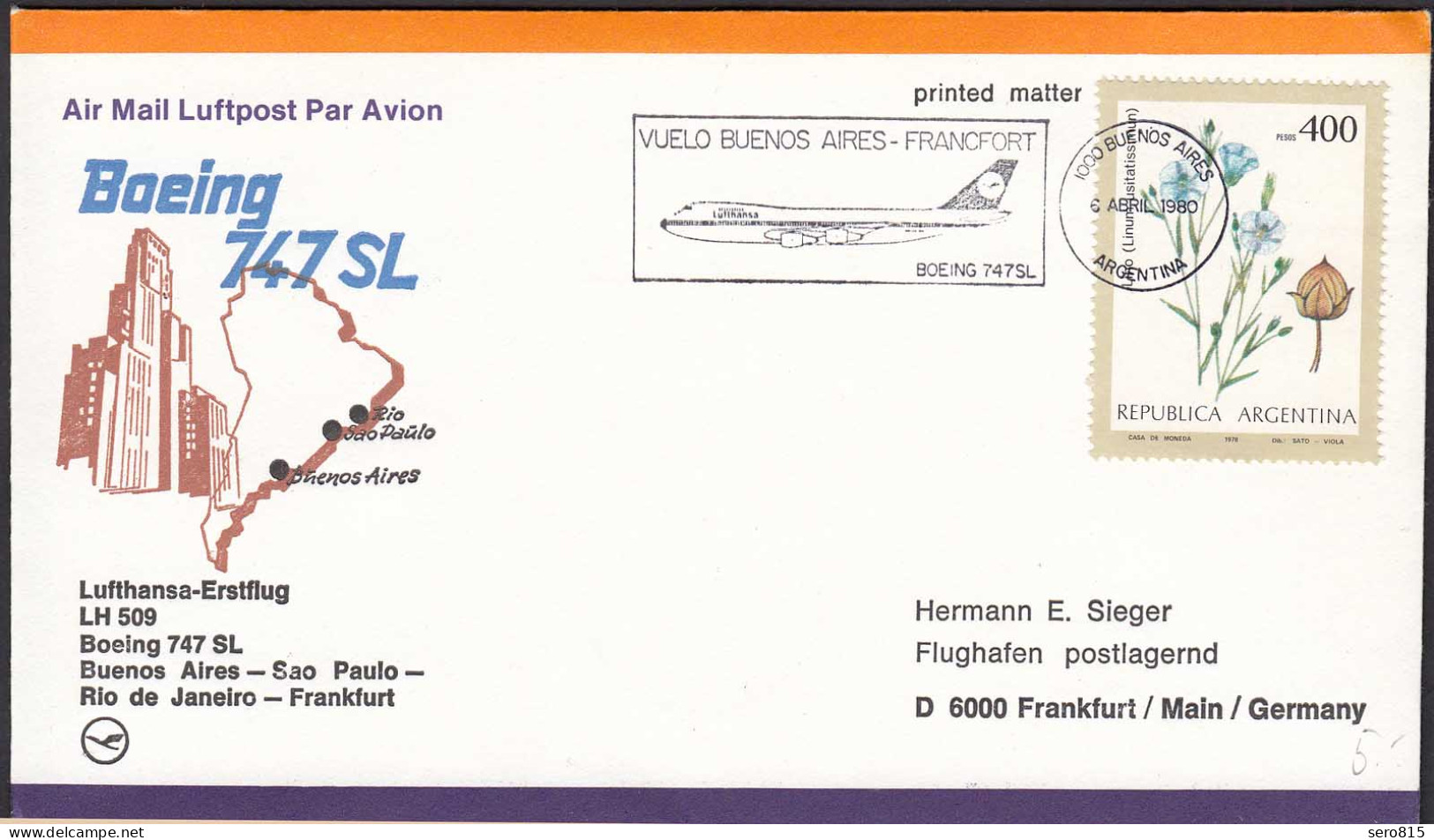 Lufthansa Erstflug LH 509 Buenos Airea-Sao Paulo-Rio-Frankfurt 1980   (20522 - Premiers Vols