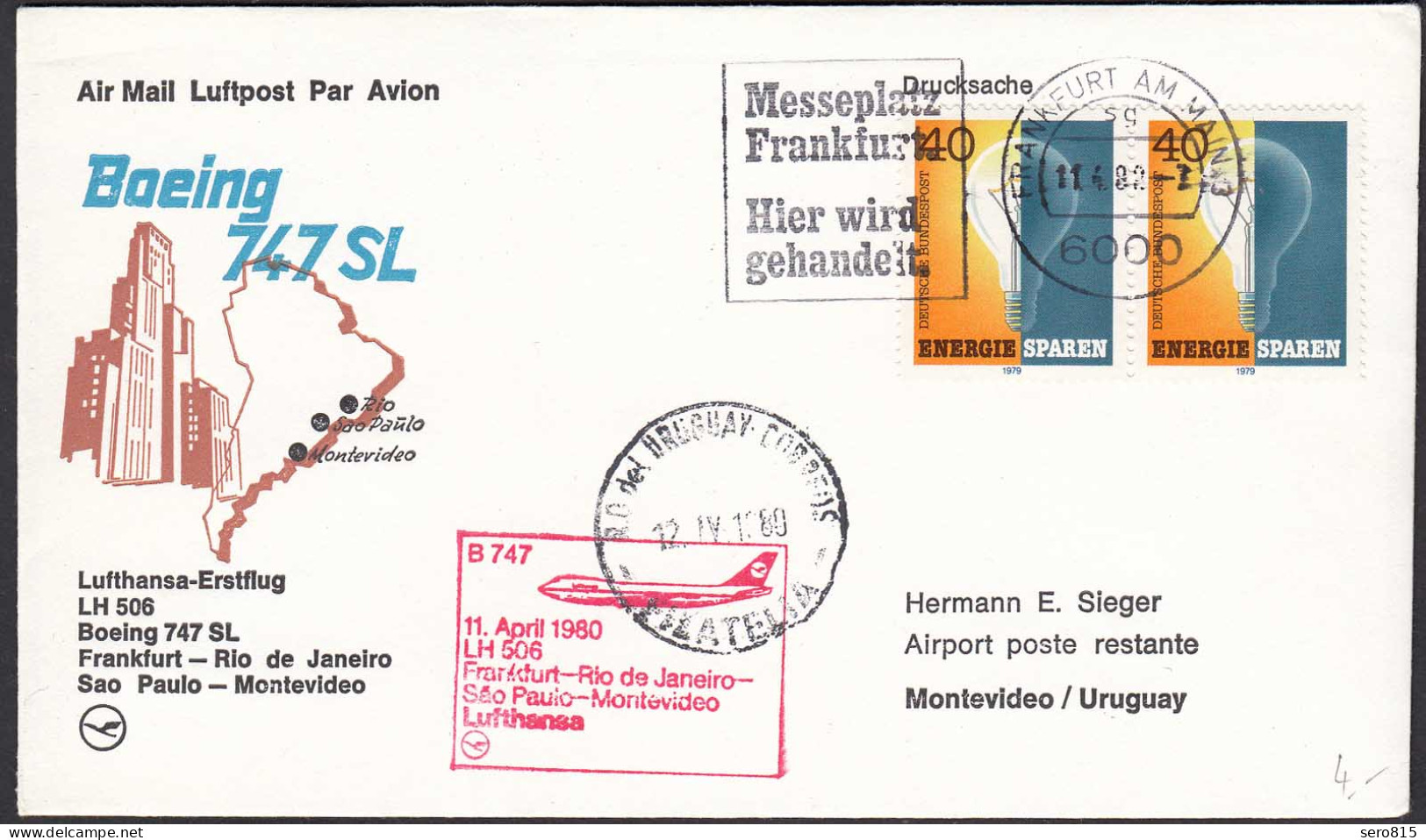 Lufthansa Erstflug LH 506 Frankfurt-Rio-Sao Paulo-Montevideo 1980 (20519 - Premiers Vols