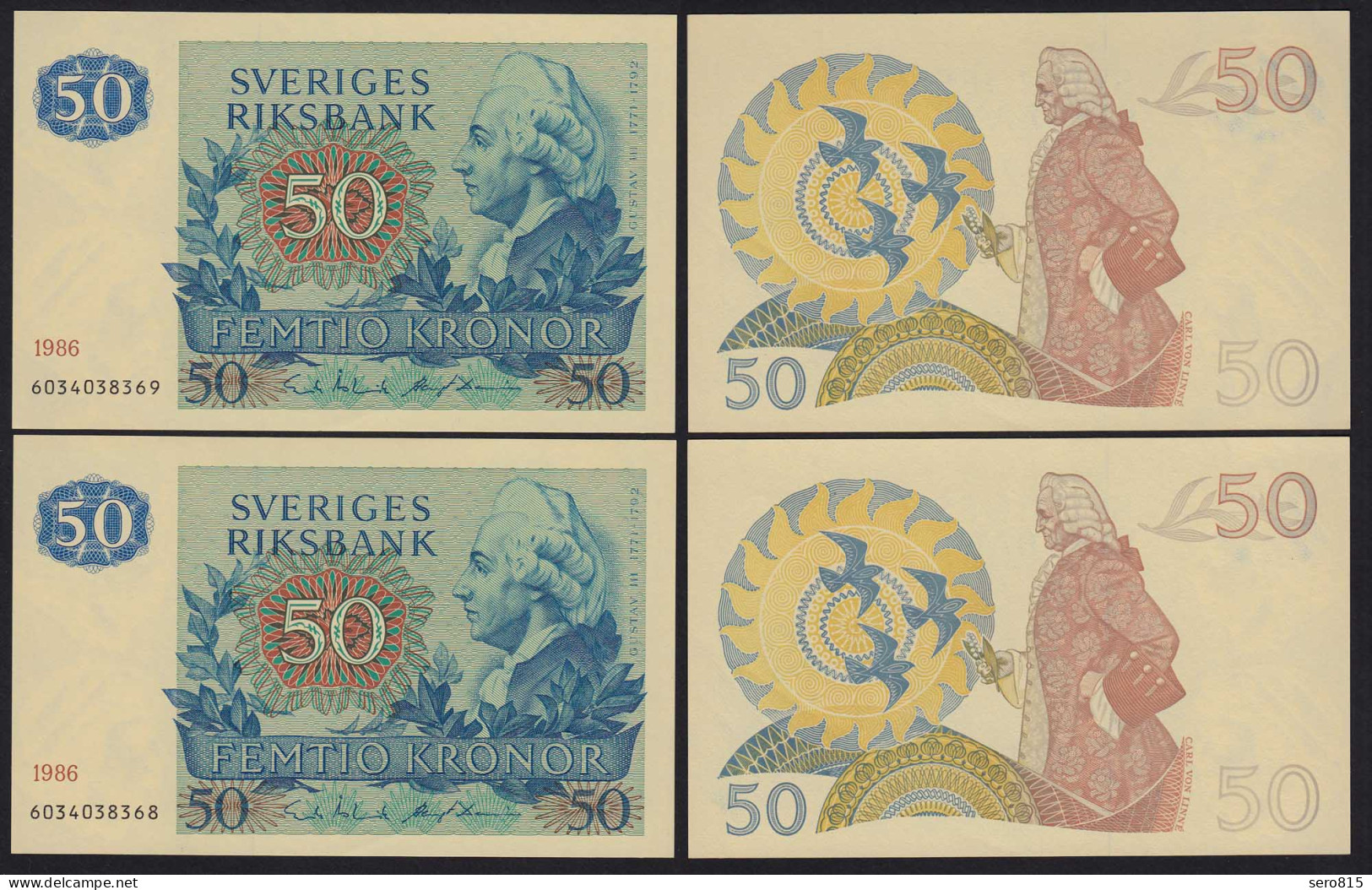 Schweden - Sweden Paar 50 Kronen 1986 AUNC (1-) Pick 53d Running Numbers - Suède