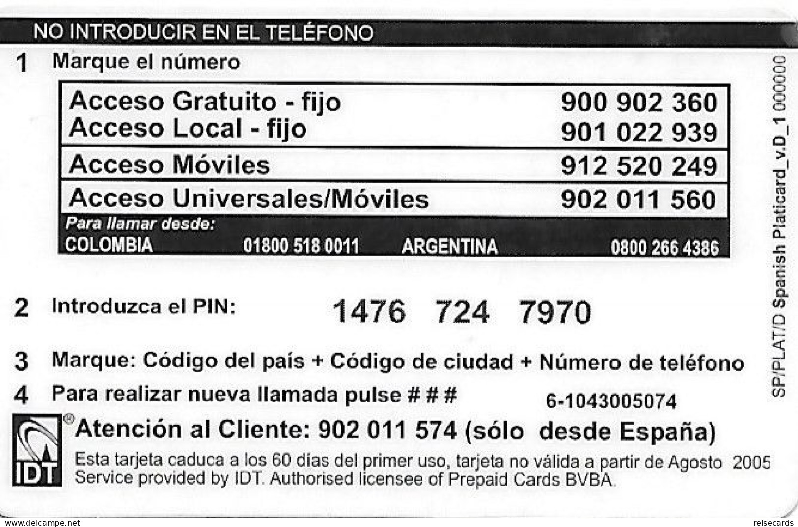 Spain: Prepaid IDT - Platicard €6 08.05 - Sonstige & Ohne Zuordnung