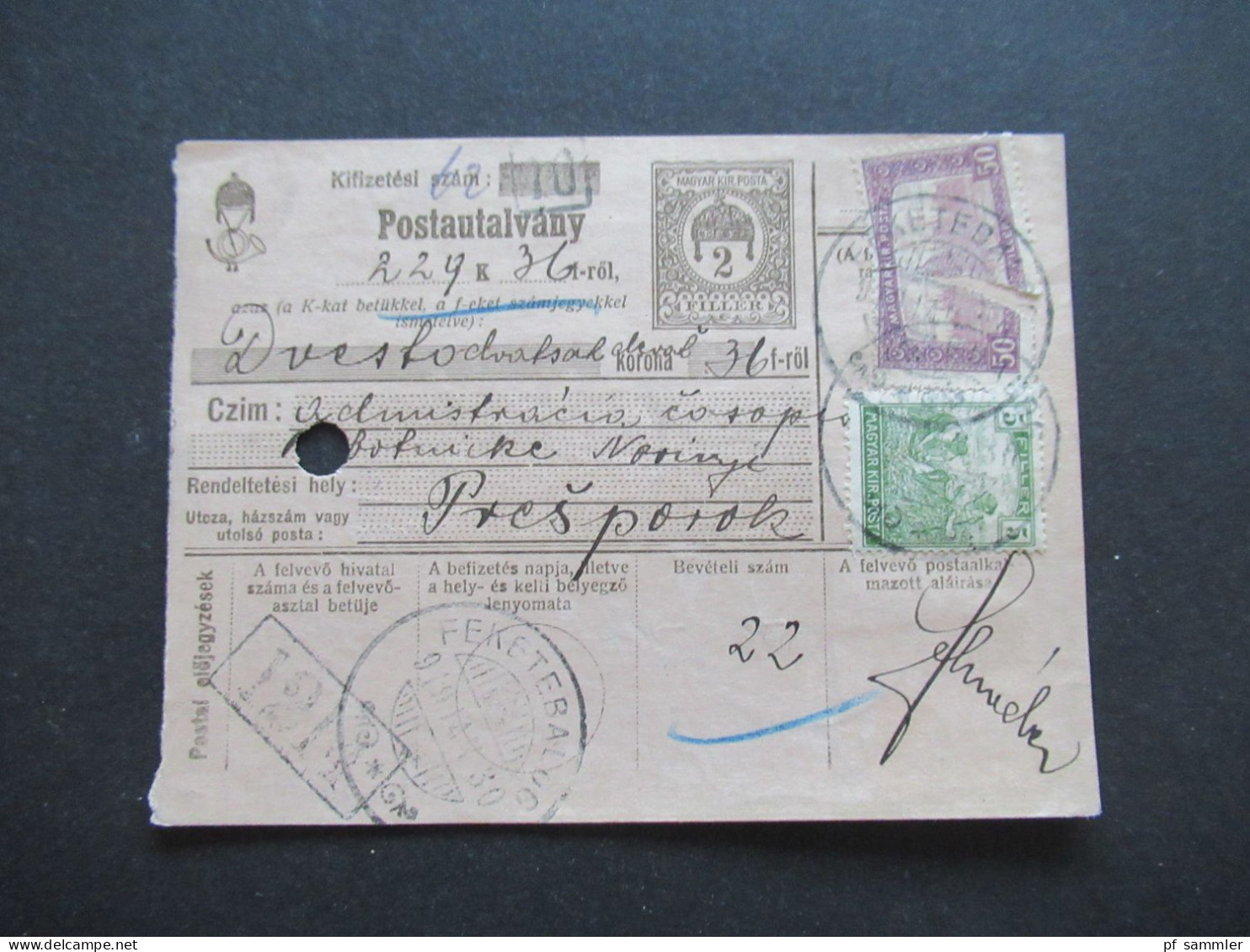 Ungarn 1919 GA / Postanweisung Postautalvany Mit 3x Zusatzfrankatur Rückseitig Violetter Stempel Pozsony - Lettres & Documents