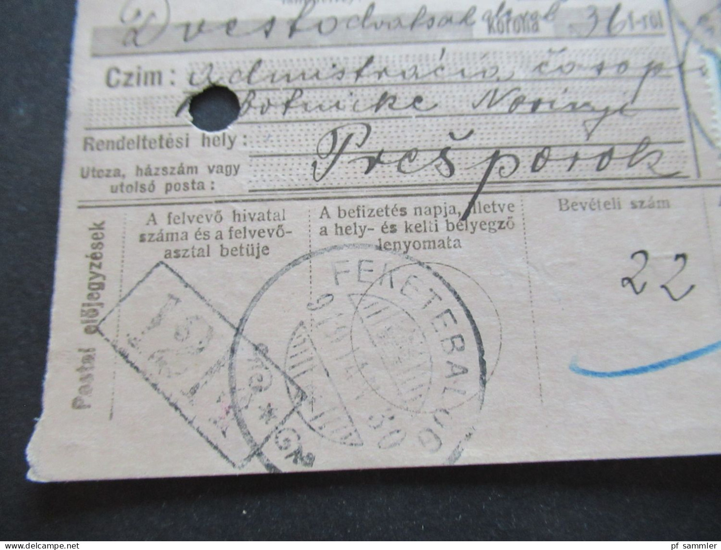 Ungarn 1919 GA / Postanweisung Postautalvany Mit 3x Zusatzfrankatur Rückseitig Violetter Stempel Pozsony - Covers & Documents