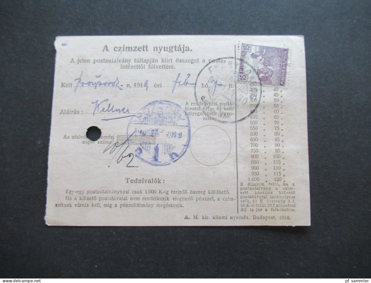 Ungarn 1919 GA / Postanweisung Postautalvany Mit 3x Zusatzfrankatur Rückseitig Violetter Stempel Pozsony - Covers & Documents