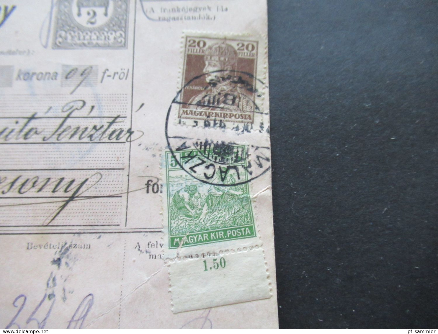 Ungarn 1919 GA / Postanweisung Postautalvany Mit 2x Zusatzfrankatur Rückseitig Violetter Stempel Pozsony - Covers & Documents