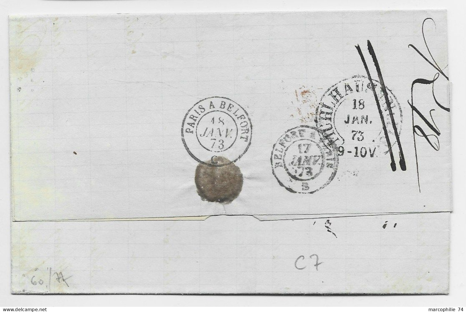 SIEGE 40C SEUL LETTRE COVER LOSANGE BELP CONVOYEUR STATION REMIREMONT R. EP VOSGES 1873 POUR ALSACE - Railway Post