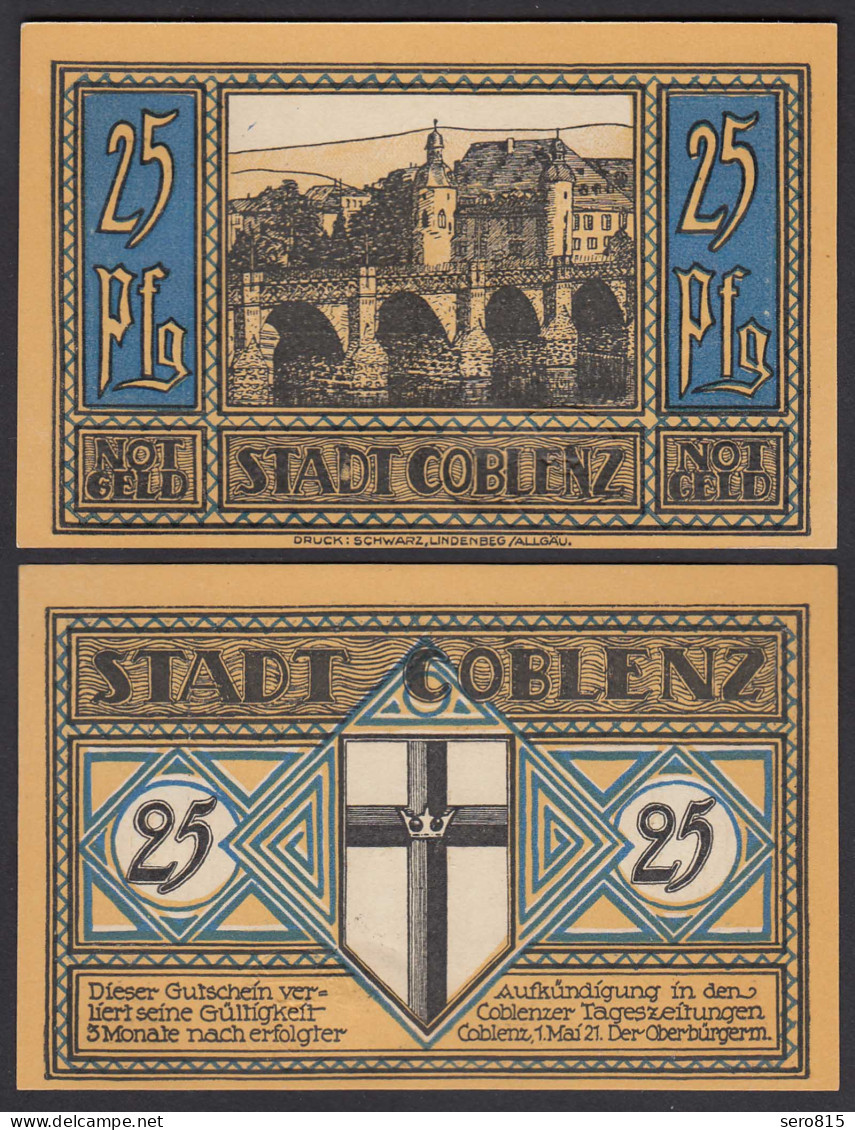 Coblenz = Koblenz 25 Pfennig Notgeld 1921 UNC (1)   (26405 - Autres & Non Classés
