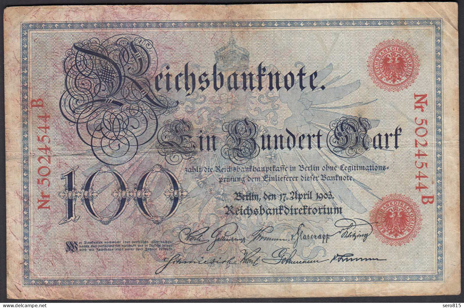 Reichsbanknote 100 Mark 1903 UDR Y Serie B Ro 20 Pick 22 F (4)   (28275 - Autres & Non Classés