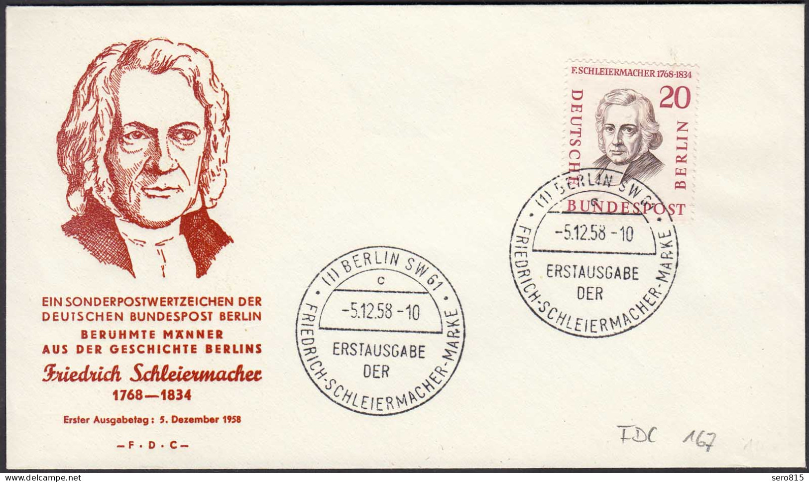 Berlin 1958 FDC Nr. 167 Friedrich Schleiermacher Theologe + Philosoph    (23819 - Autres & Non Classés