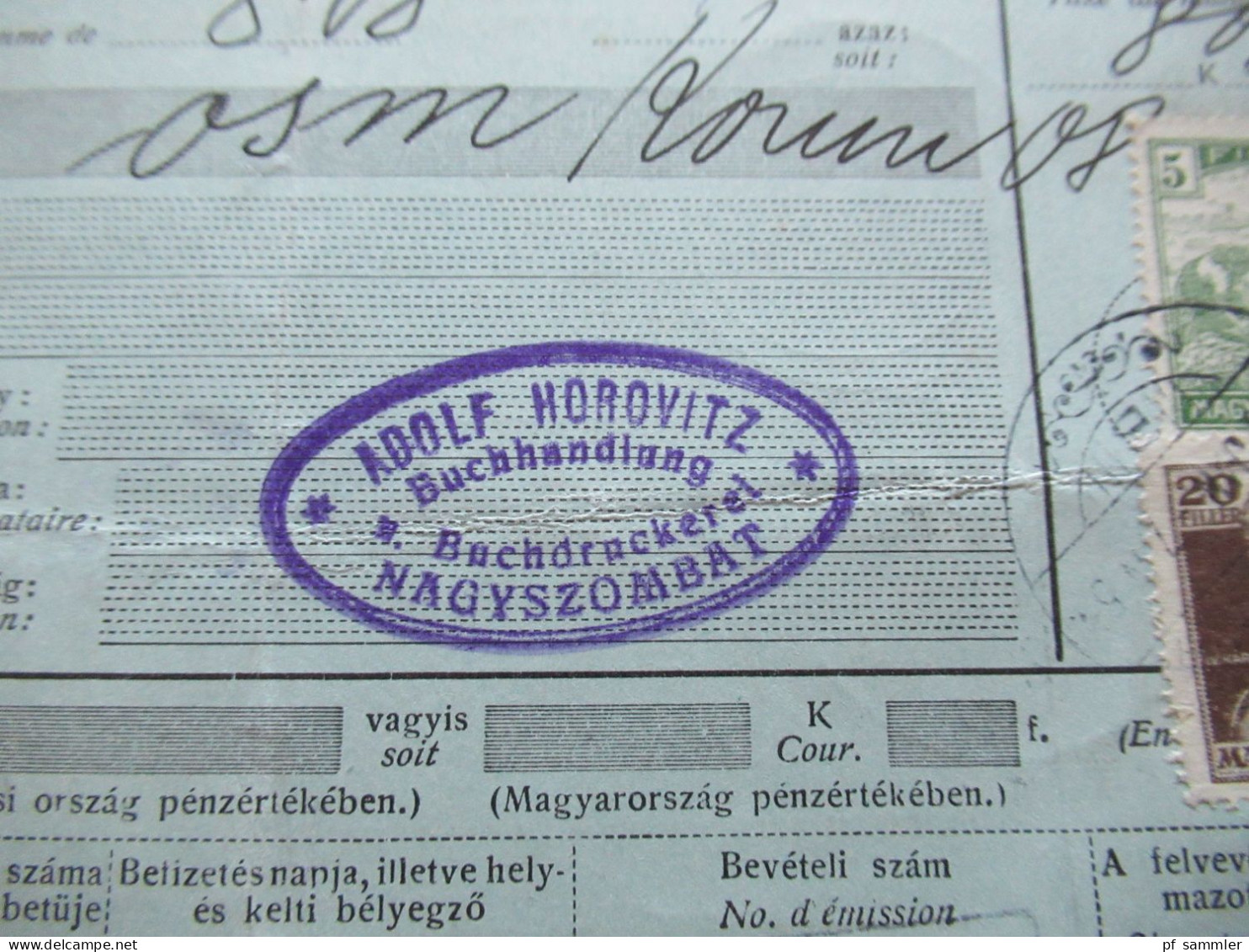 Ungarn 1919 GA / Postanweisung Postautalvany Empfängerstempel Adolf Horovitz Buchhandlung Nagyszombat - Lettres & Documents