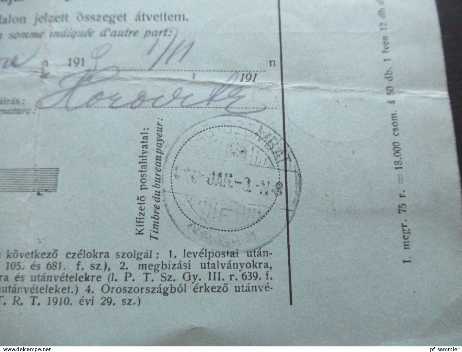 Ungarn 1919 GA / Postanweisung Postautalvany Empfängerstempel Adolf Horovitz Buchhandlung Nagyszombat - Lettres & Documents