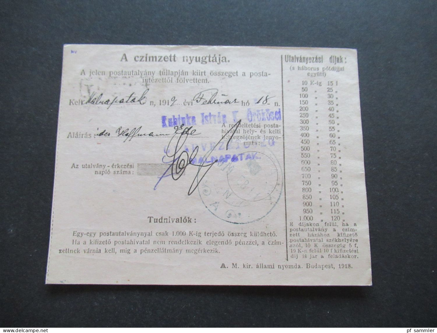 Ungarn 1919 GA / Postanweisung Postautalvany Mit 1x Zusatzfrankatur Rückseitig Violetter Stempel - Covers & Documents