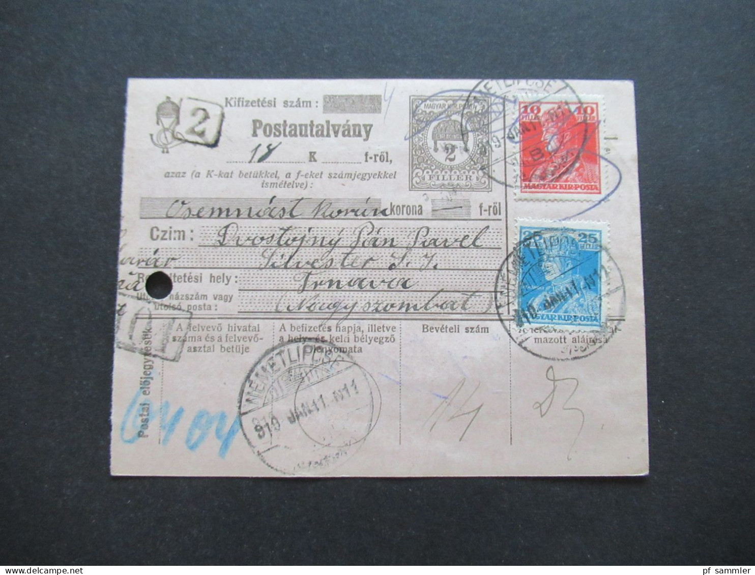 Ungarn 1919 GA / Postanweisung Postautalvany Mit 2x Zusatzfrankatur Rückseitig Violetter Stempel - Covers & Documents