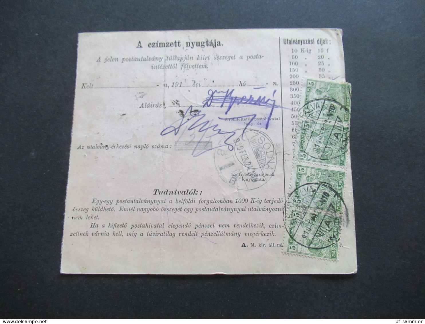 Ungarn 1919 GA / Postanweisung Postautalvany Mit 5x Zusatzfrankatur Rückseitig Stempel Zsolna - Covers & Documents