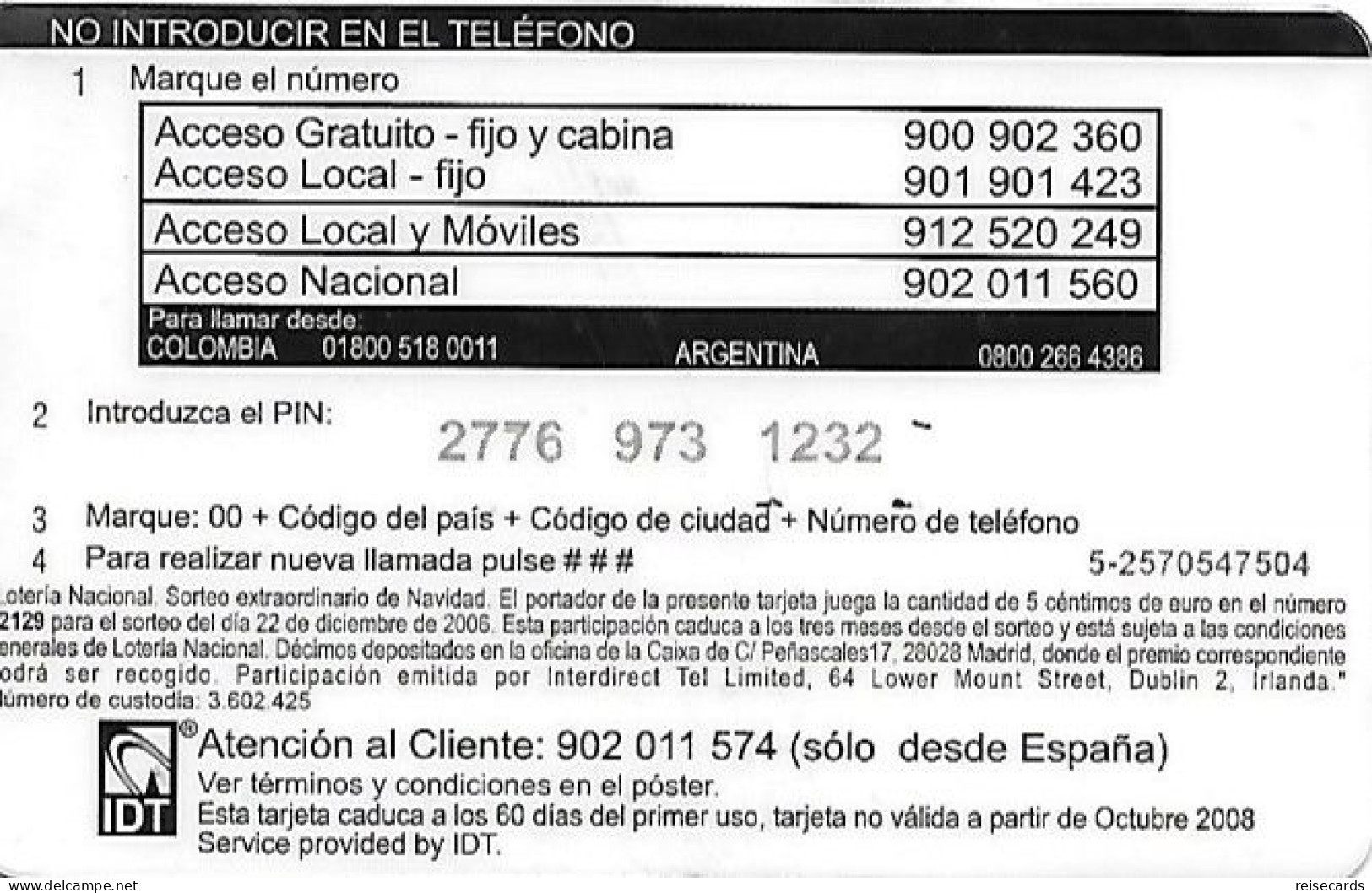 Spain: Prepaid IDT - Platicard €5 Loteria Nacional - Sonstige & Ohne Zuordnung