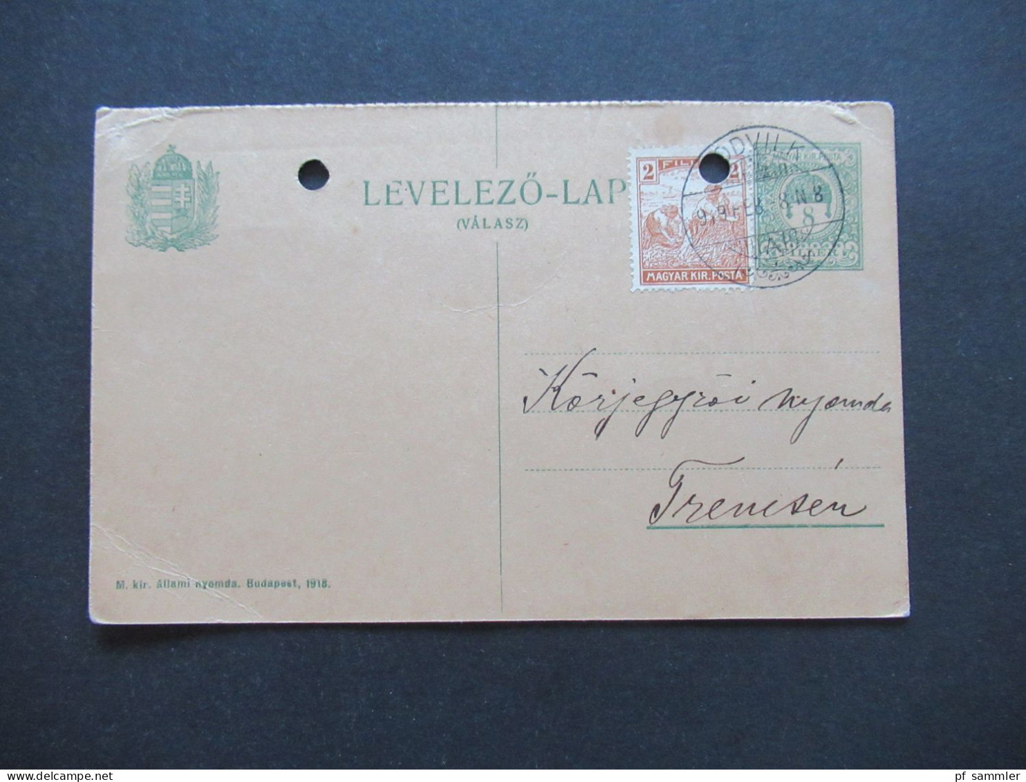 Ungarn 1919 GA / Levelezö Lap (Valasz) Mit 1x Zusatzfrankatur Stempel Podvilk / Podwilk Polen ?! - Briefe U. Dokumente