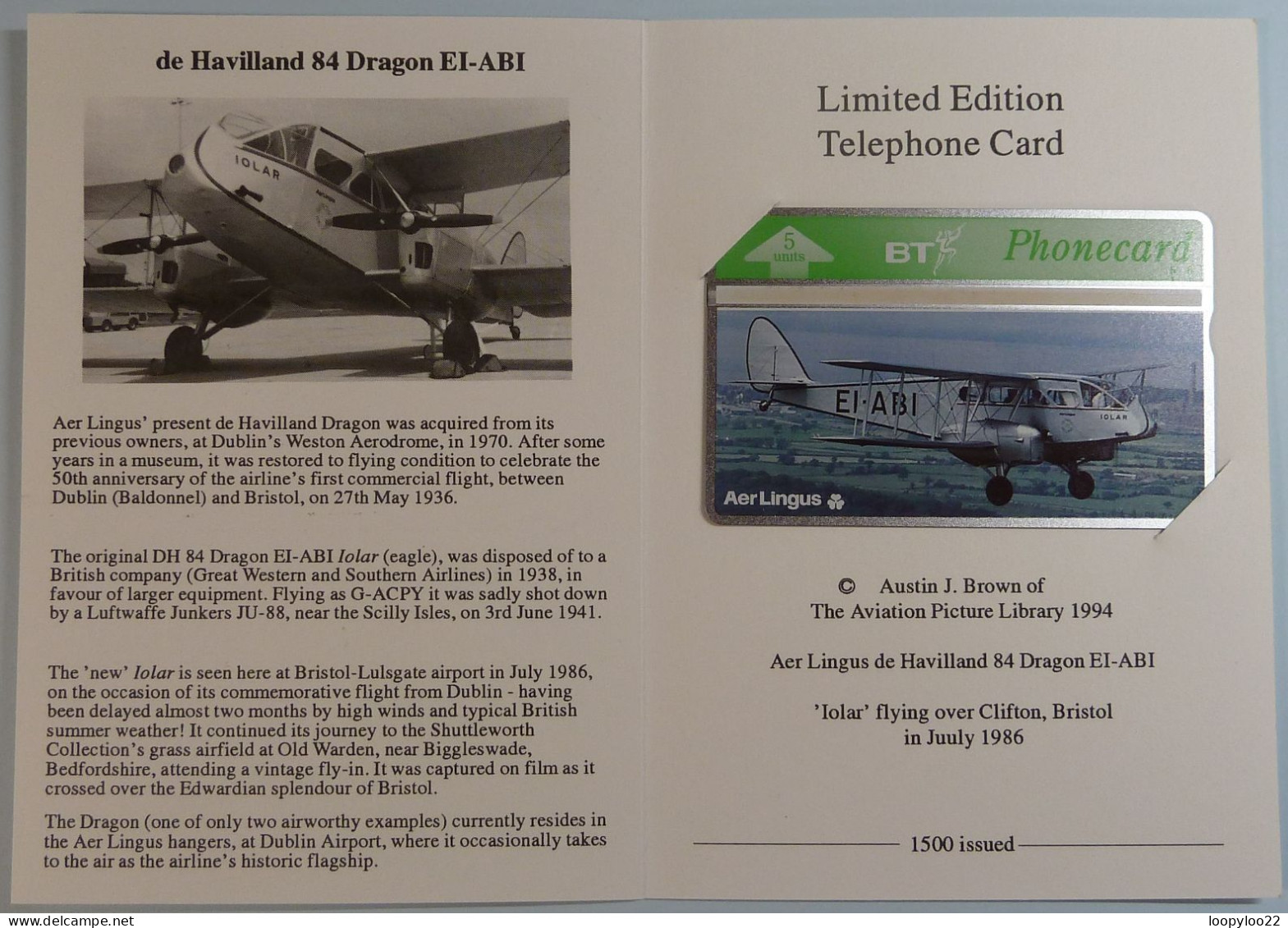 UK - BT - L&G - Aer Lingus - De Havilland 84 Dragon  - Ltd Edition In Folder - 1500ex - Mint - BT Edición General