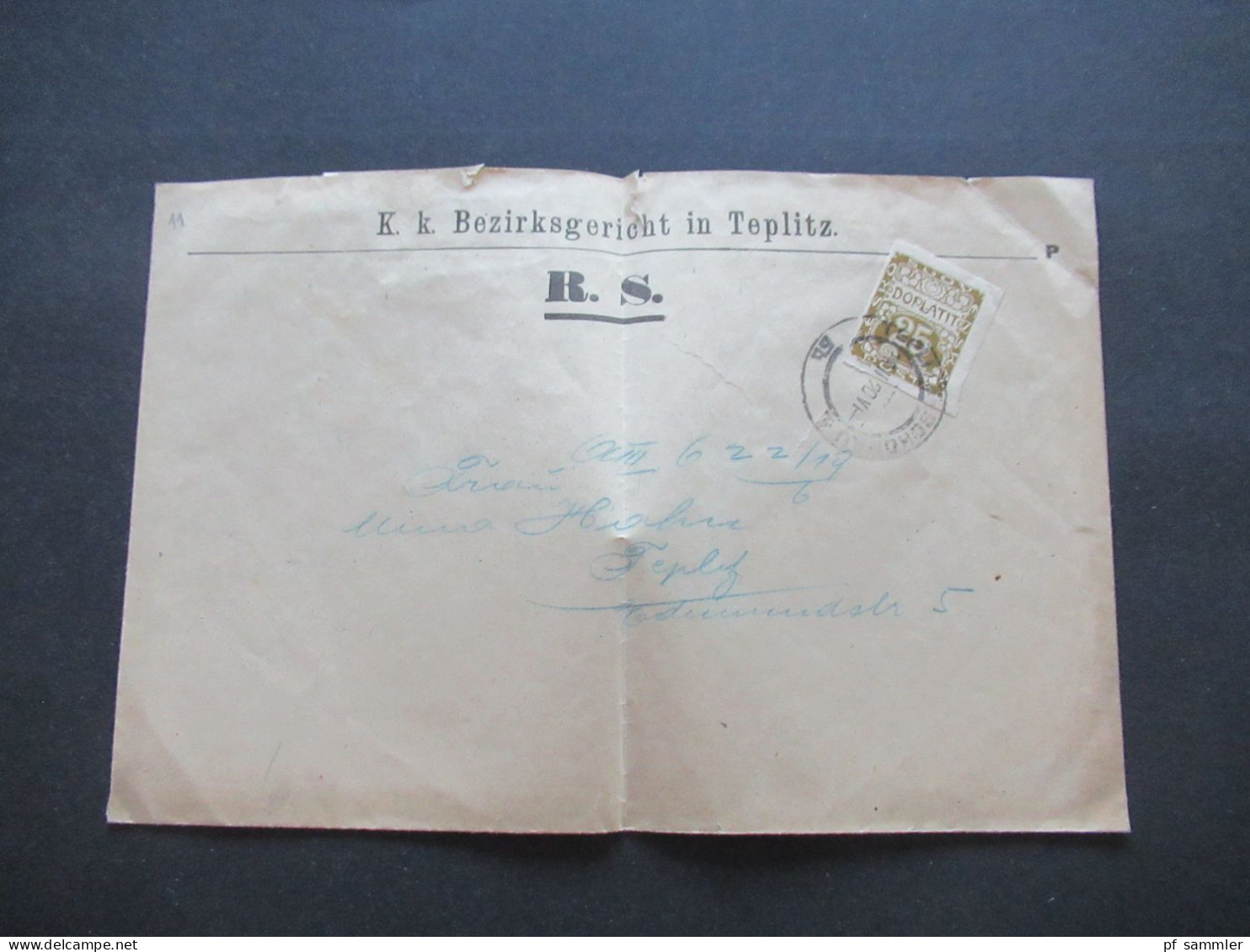 CSR Sudetenland Umschlag KK Bezirksgericht In Teplitz R.S. Stempel Teplitz Schönau Portomarke 25 Doplatit - Postage Due