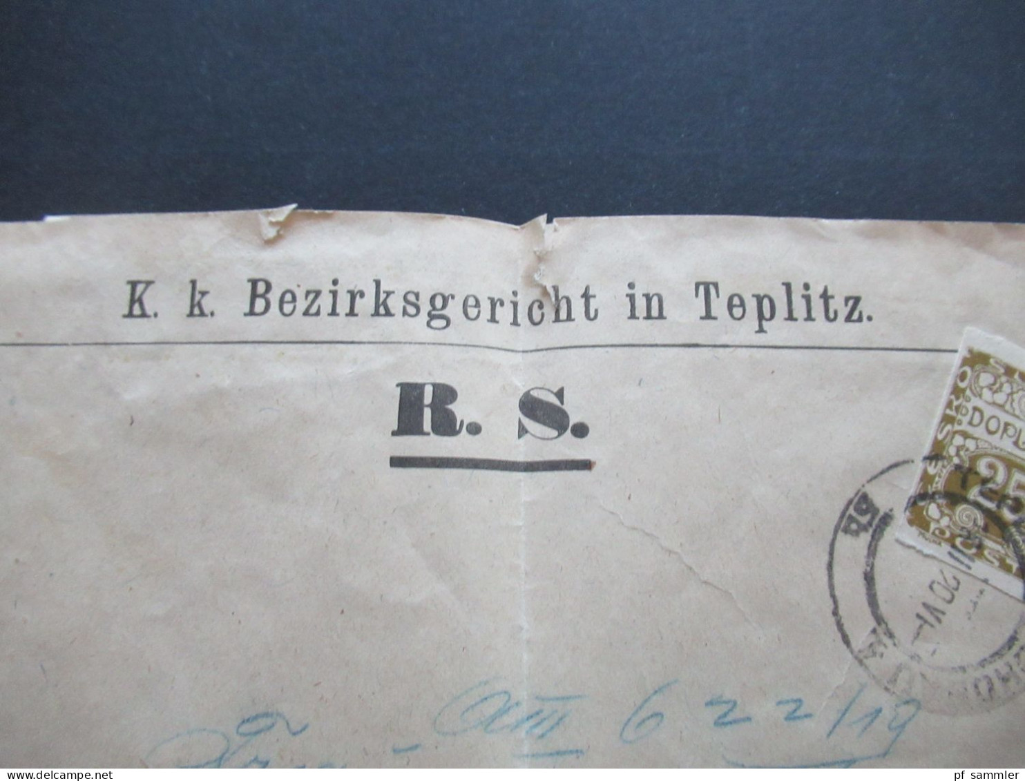 CSR Sudetenland Umschlag KK Bezirksgericht In Teplitz R.S. Stempel Teplitz Schönau Portomarke 25 Doplatit - Postage Due