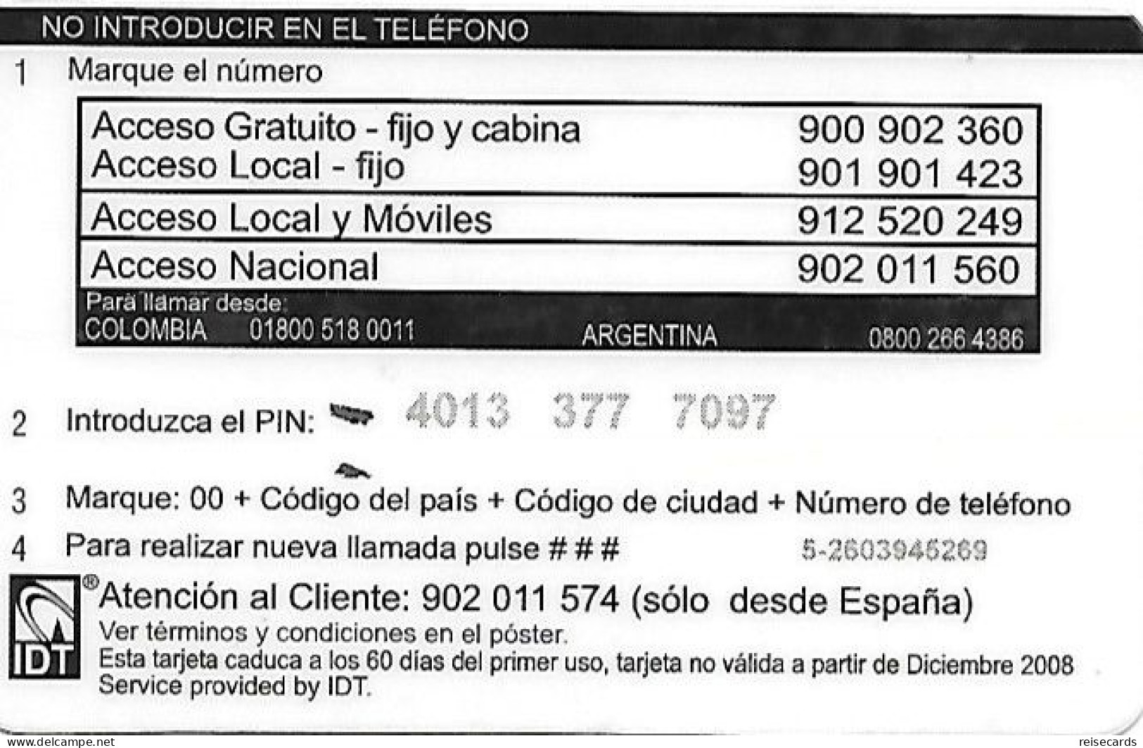 Spain: Prepaid IDT - Platicard €5 12.08 - Sonstige & Ohne Zuordnung