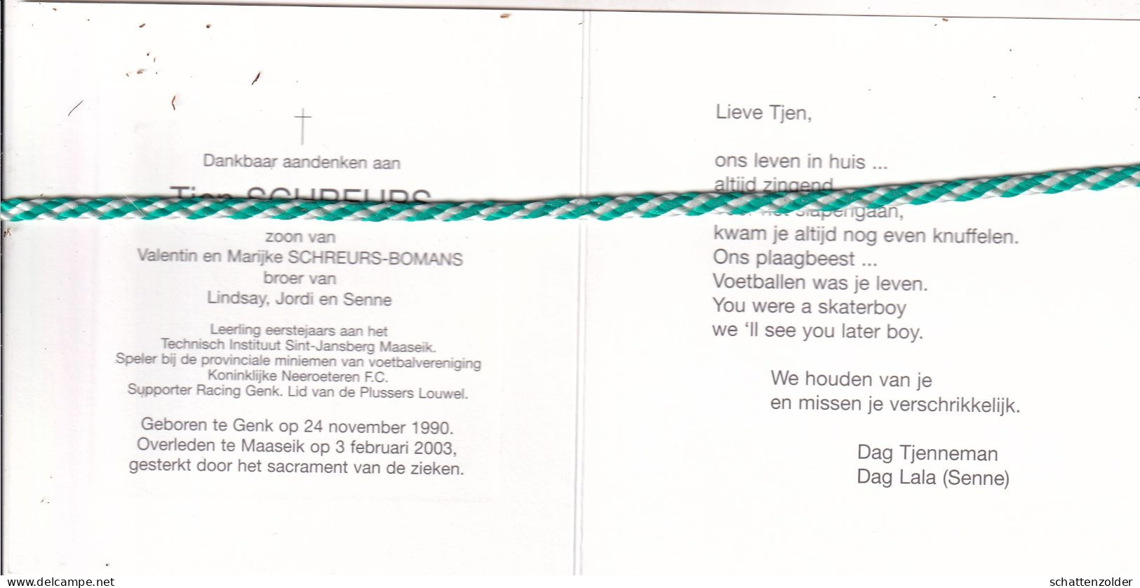 Tjen Schreurs-Bomans, Genk 1990, Maaseik 2003. Foto - Obituary Notices