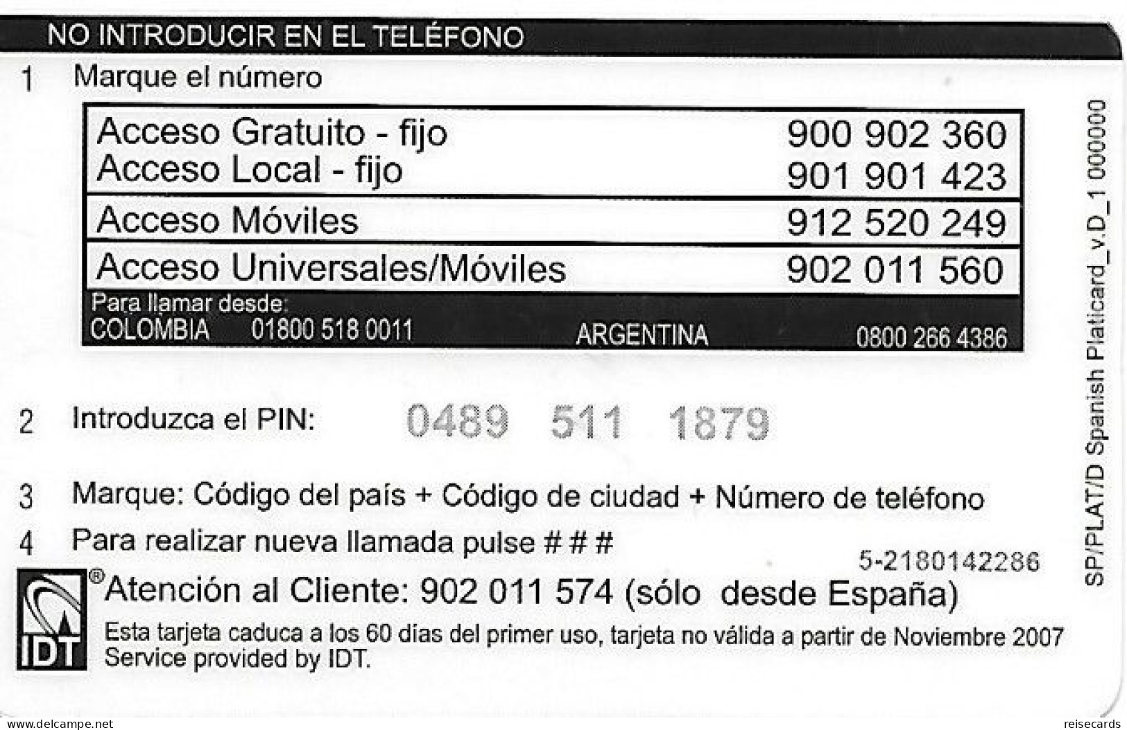 Spain: Prepaid IDT - Platicard €5 11.07 - Autres & Non Classés