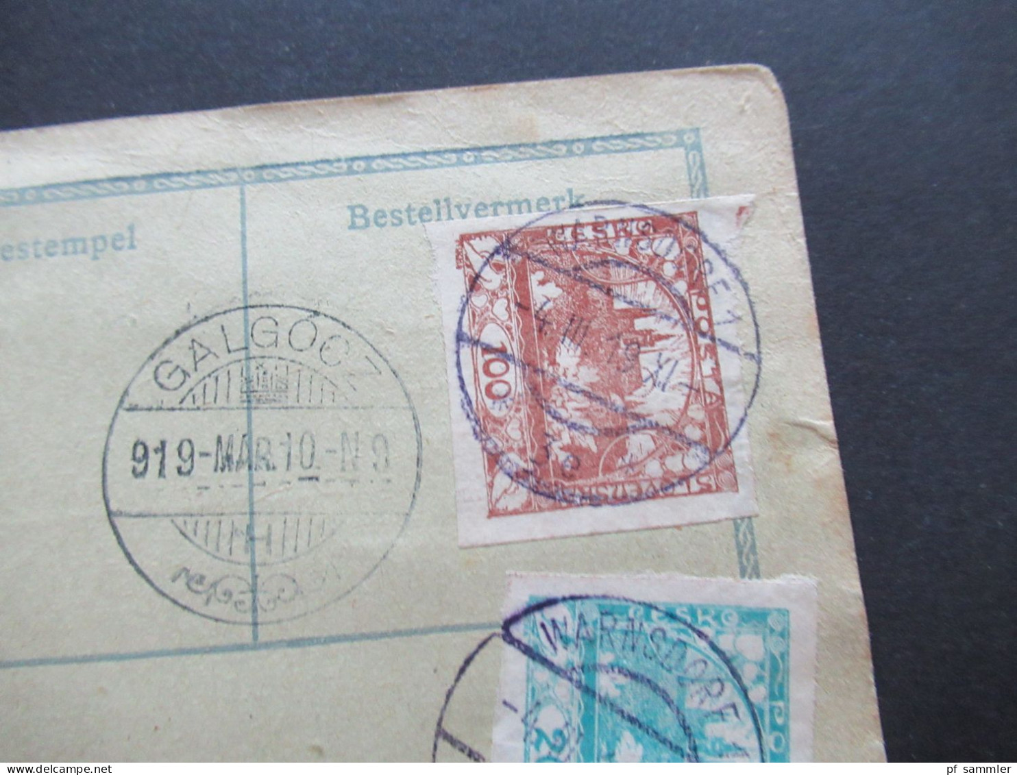 CSR / Sudetenland 1919 Hradschin / Mucha auf Postbegleitadresse Warnsdorf 1 Ank. Stempel Galgöcz Slowakei