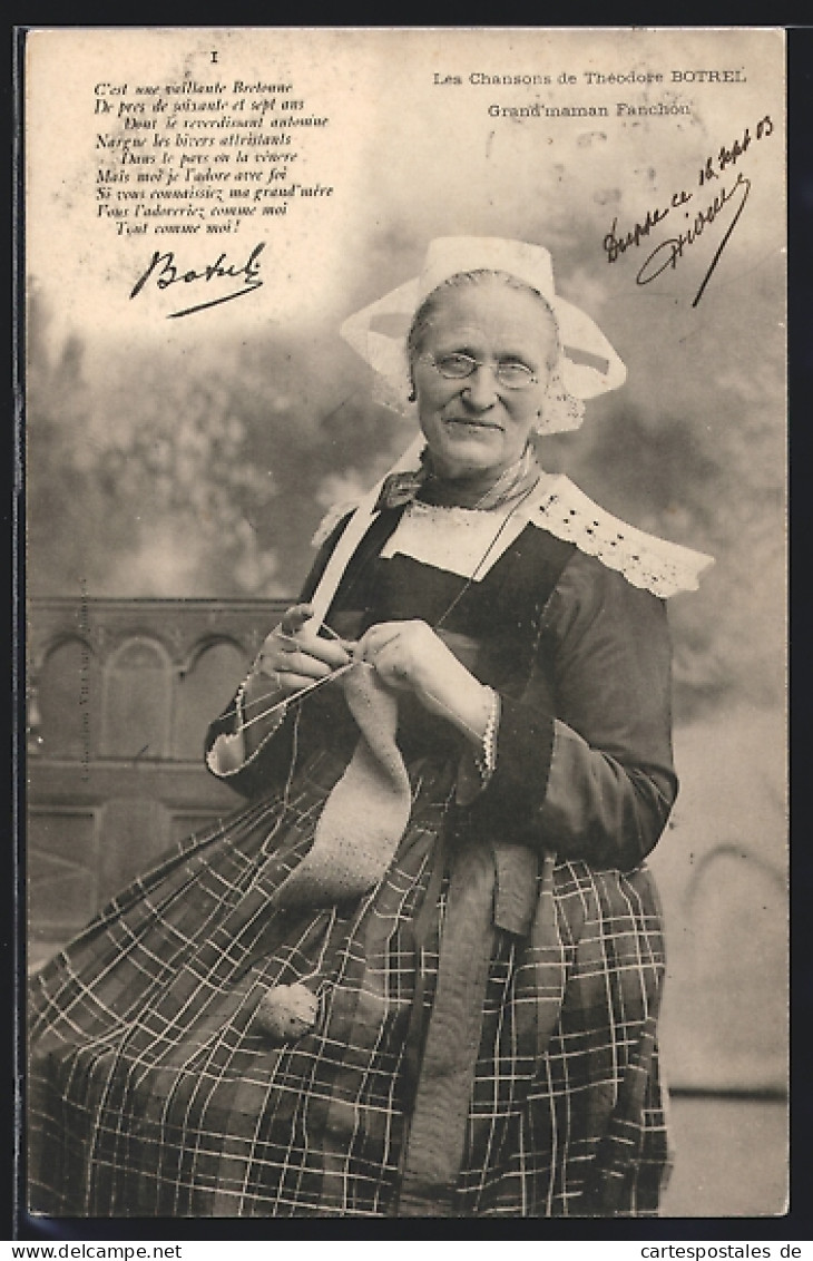 CPA Grand`maman Fanchon, Théodore Botrel, Nähende Femme En Costume Typique Der Bretagne  - Ohne Zuordnung