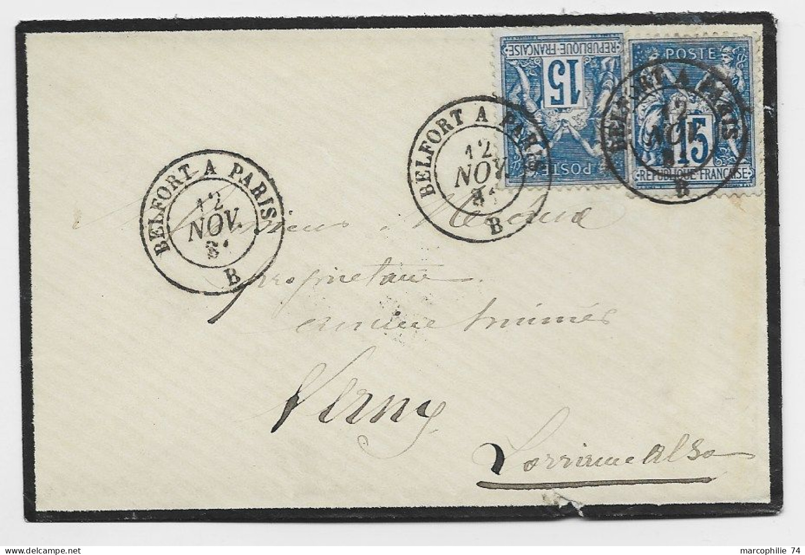 SAGE 15CX2 PETITE LETTRE DEUIL AMBULANT BELFORT A PARIS 12 NOV 1881 B POUR LORRAINE - Railway Post