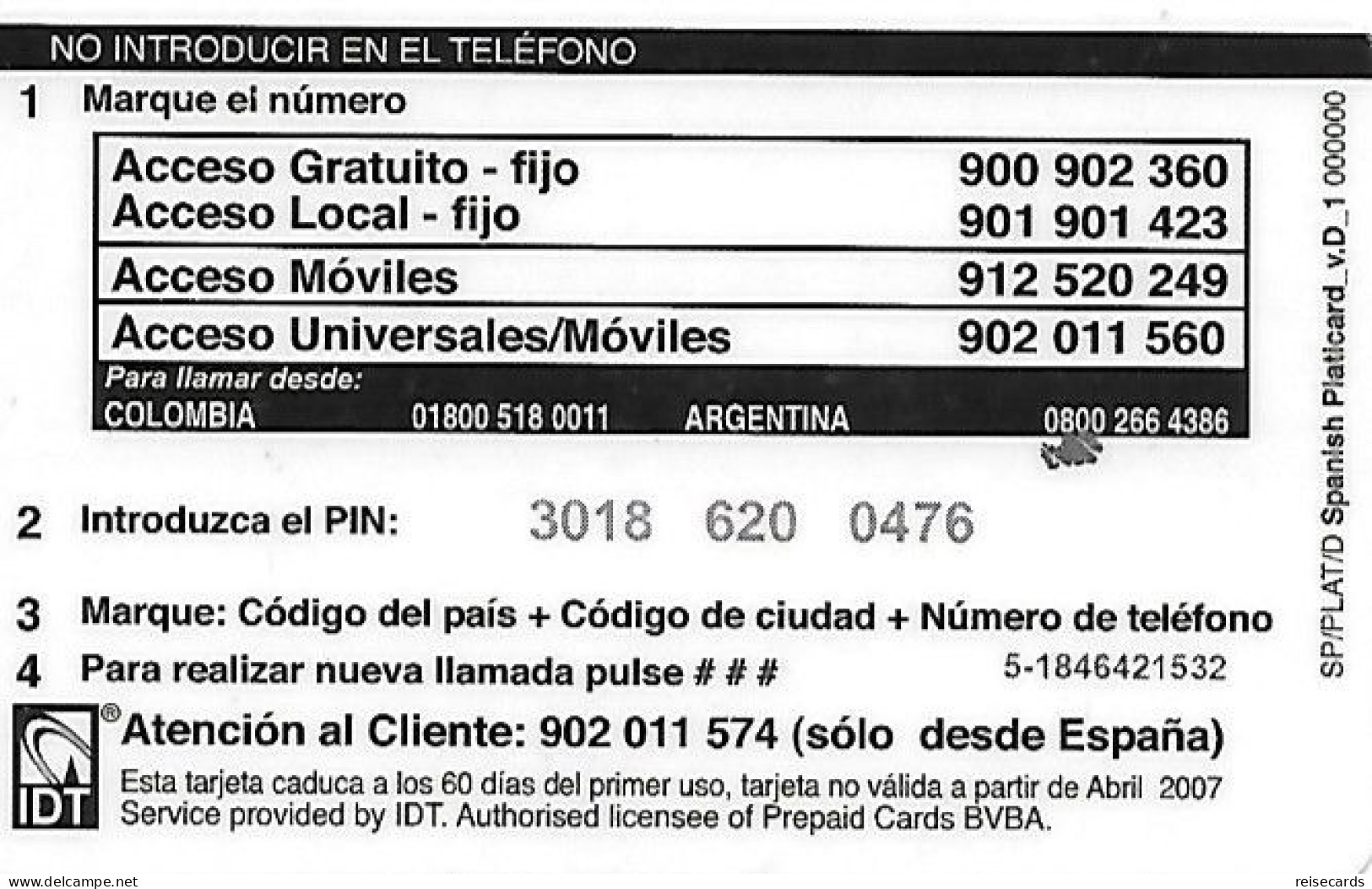 Spain: Prepaid IDT - Platicard €5 04.07 - Autres & Non Classés