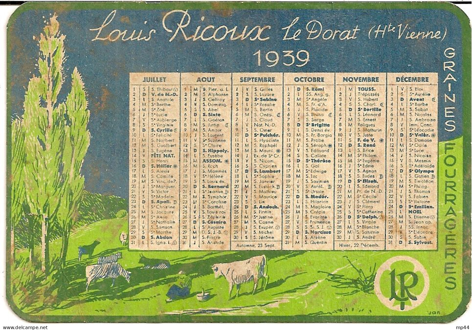 1H3 --- Calendrier Publicitaire 1939 87 LE DORAT L.Ricoux,graines Fourragères - Formato Piccolo : 1921-40