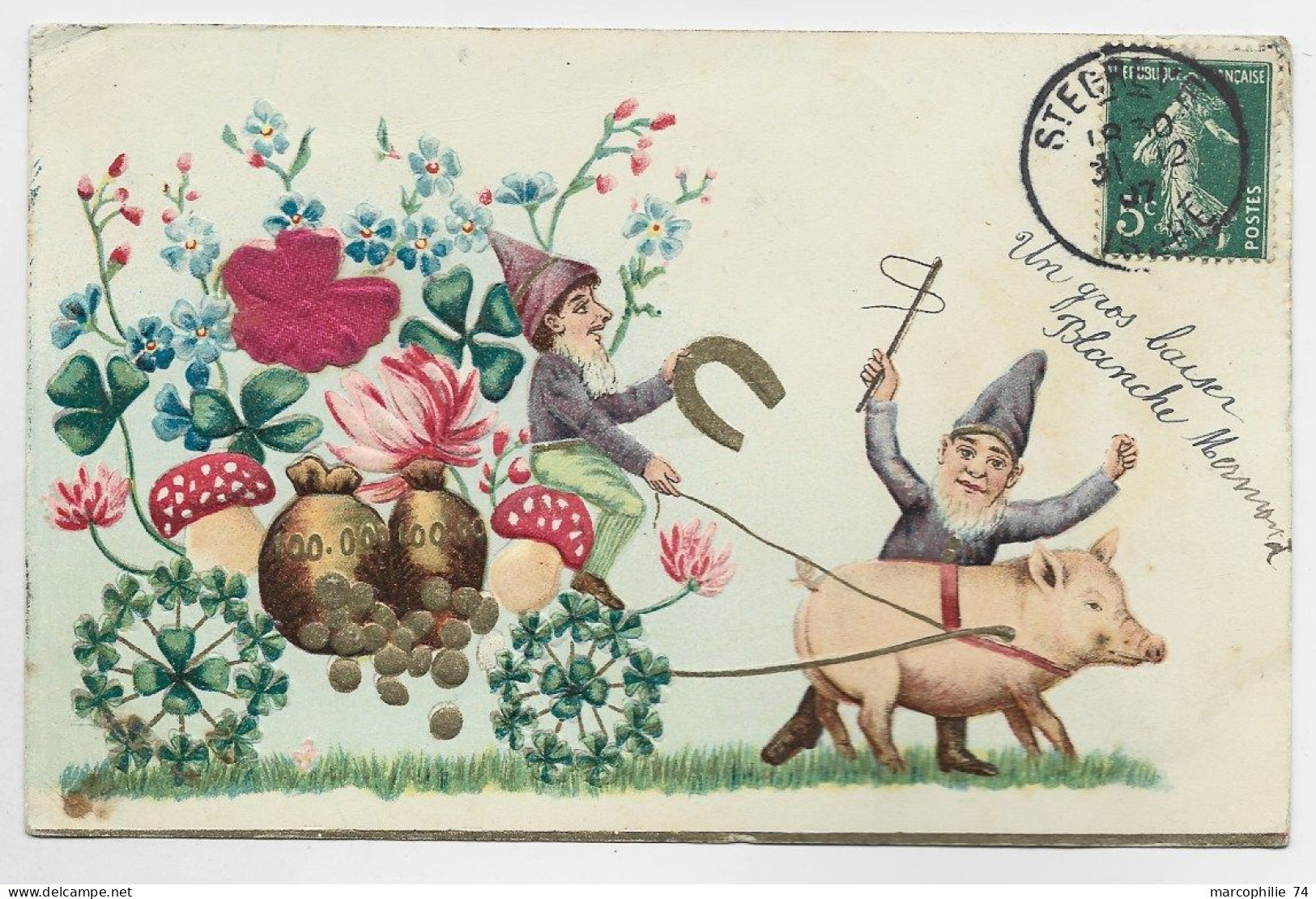 COCHON CHAMPIGNON CARTE GAUFFREE 1907 - Pigs