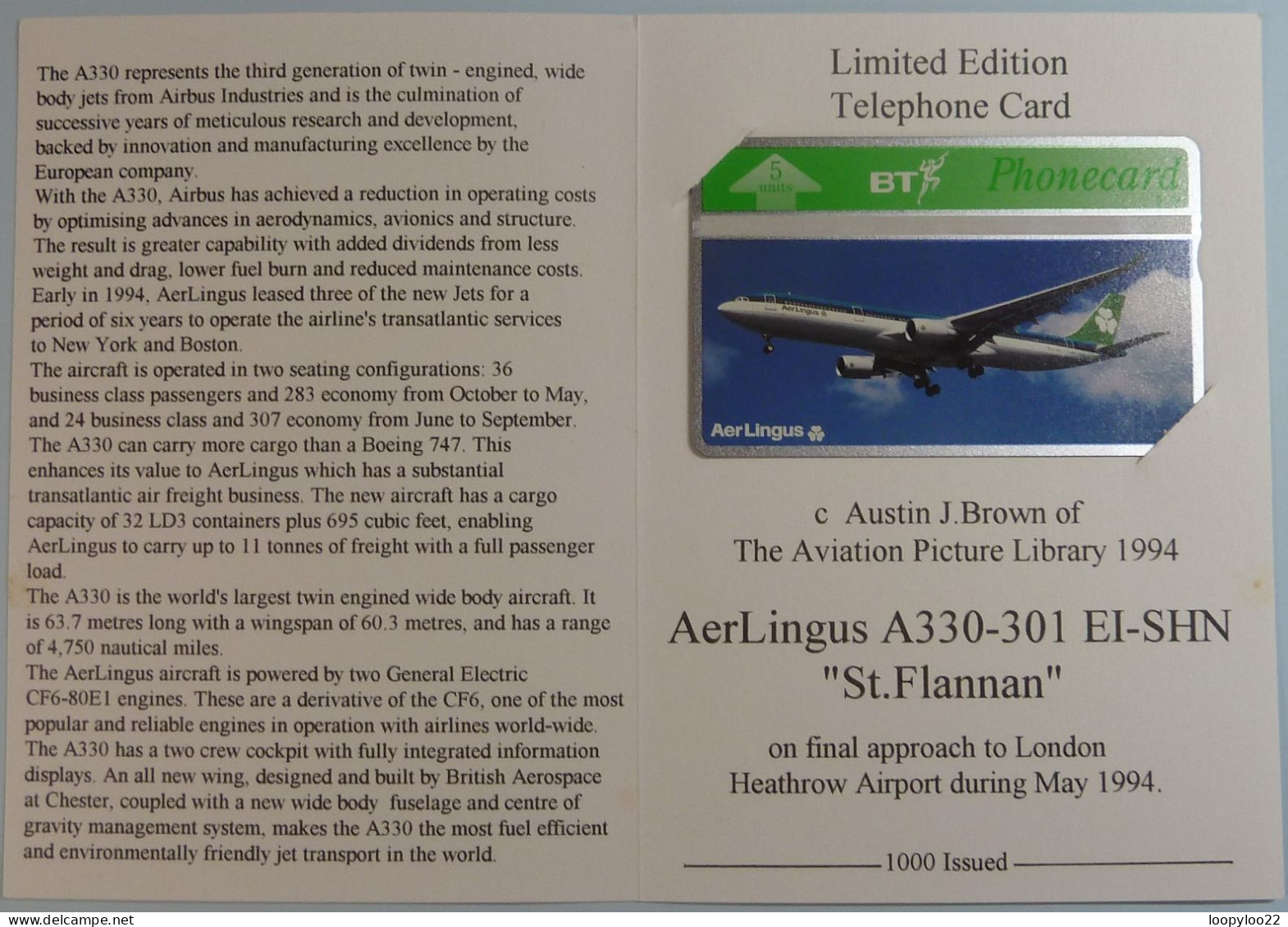 UK - BT - L&G - Aer Lingus - A330 - 301 St Flannan - 505B - Ltd Edition In Folder - 1000ex - Mint - BT Emissions Générales