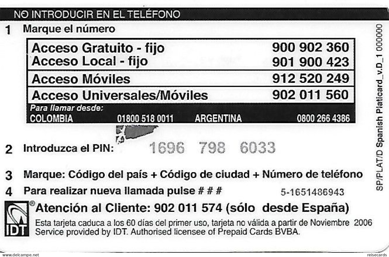 Spain: Prepaid IDT - Platicard €5 11.06 - Andere & Zonder Classificatie